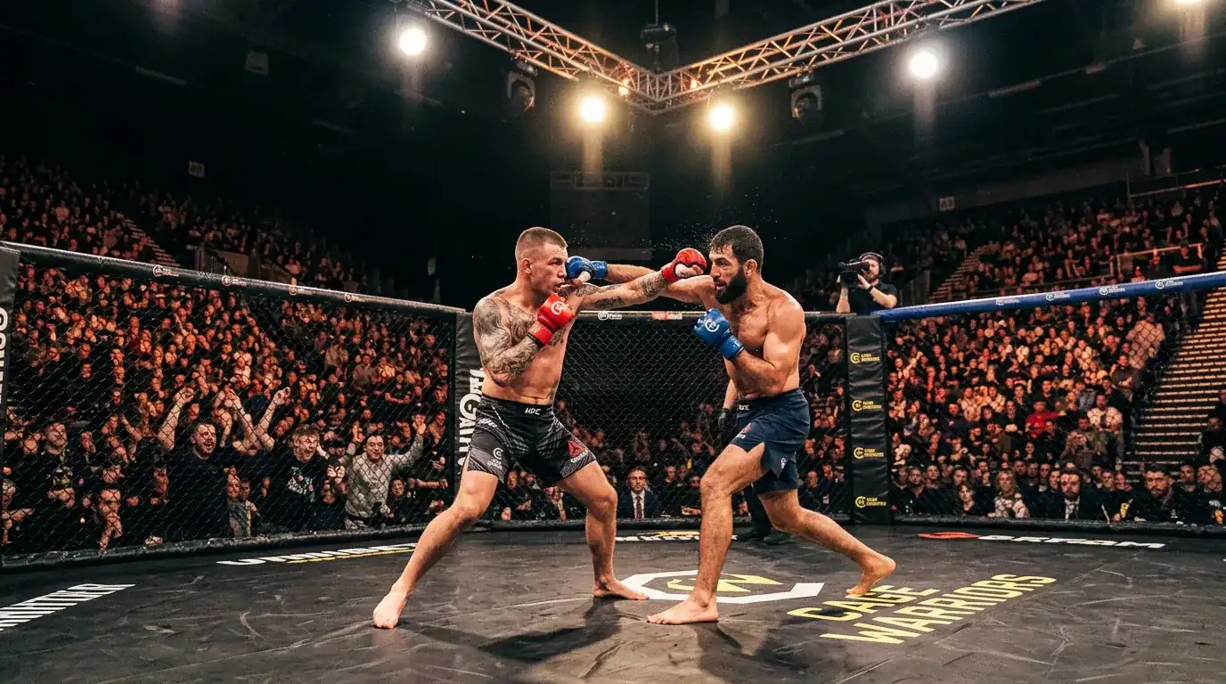 Cage Warriors MMA event in a UK arena with two fighters competing inside the cage under spotlights