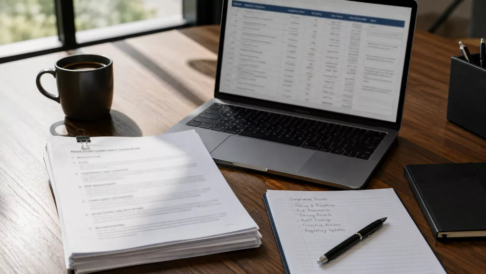 UK Gambling Commission compliance review documents on a desk with laptop showing operator data